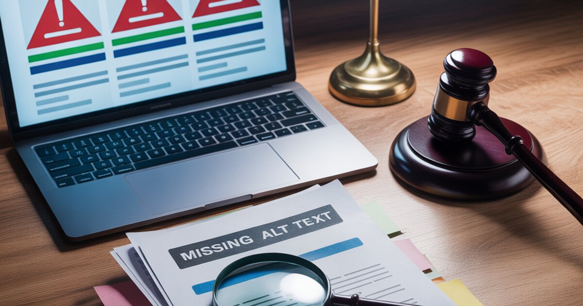 Laptop showing website accessibility audit with warning flags next to a gavel and legal complaint documents representing ADA website lawsuits