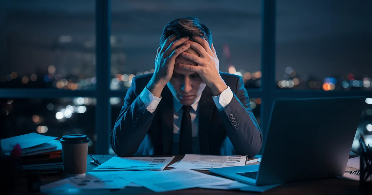 Exhausted professional slumped at a desk with head in hands, surrounded by stacked papers and a glowing laptop, representing corporate burnout