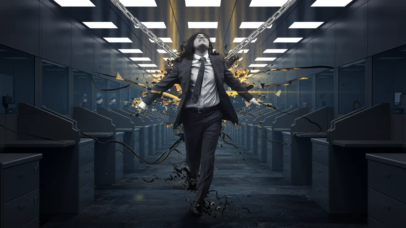 Person breaking free from office cubicle chains with a laptop showing growth charts and golden light rays