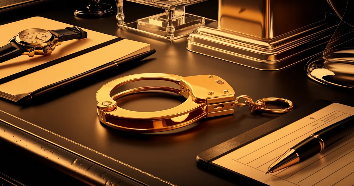 Gold handcuffs on a corporate desk next to a laptop, symbolizing the psychology that keeps workers trapped