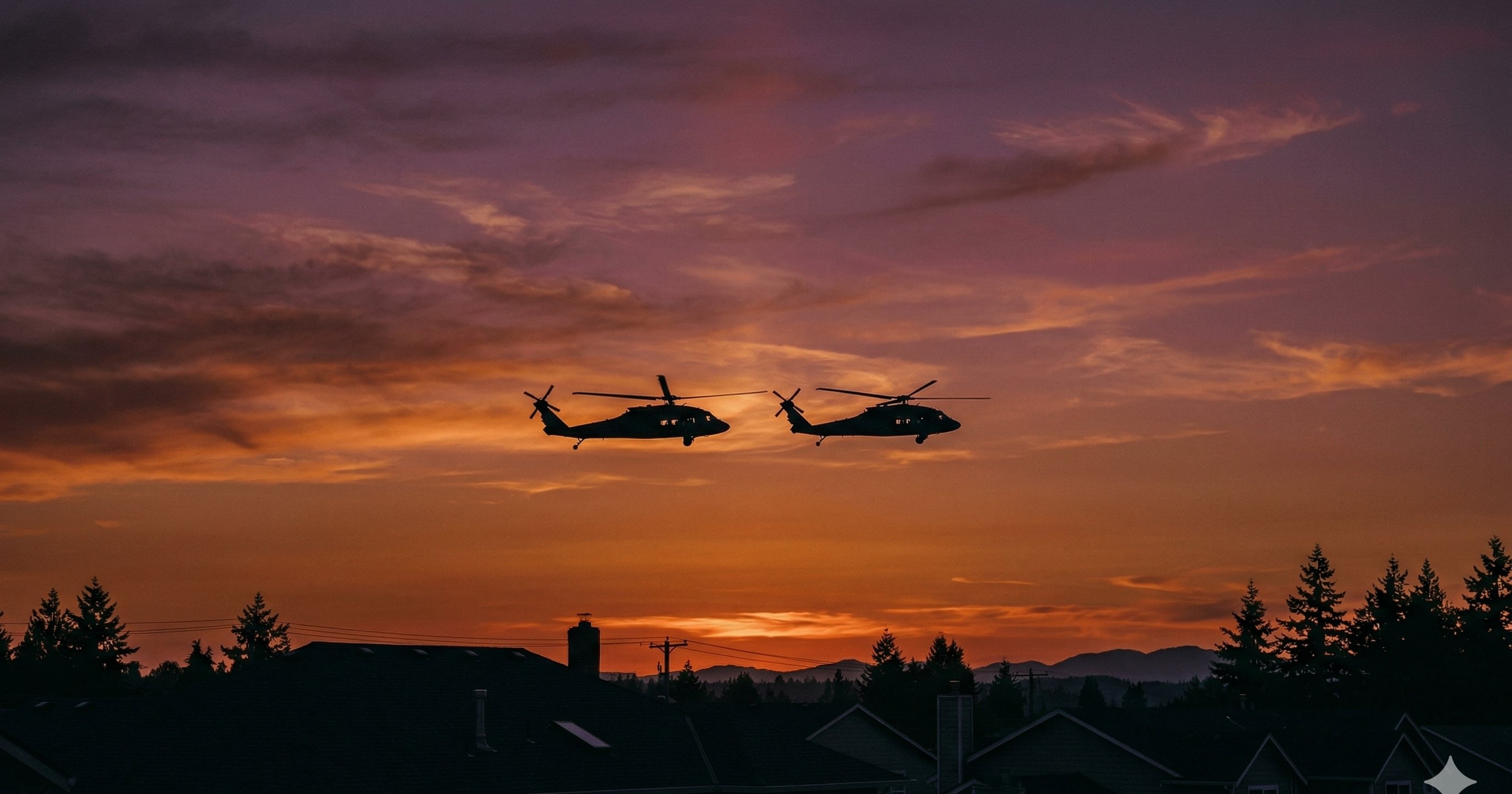 Silueta de helicoptero Black Hawk contra un atardecer del noroeste del Pacifico con techos suburbanos