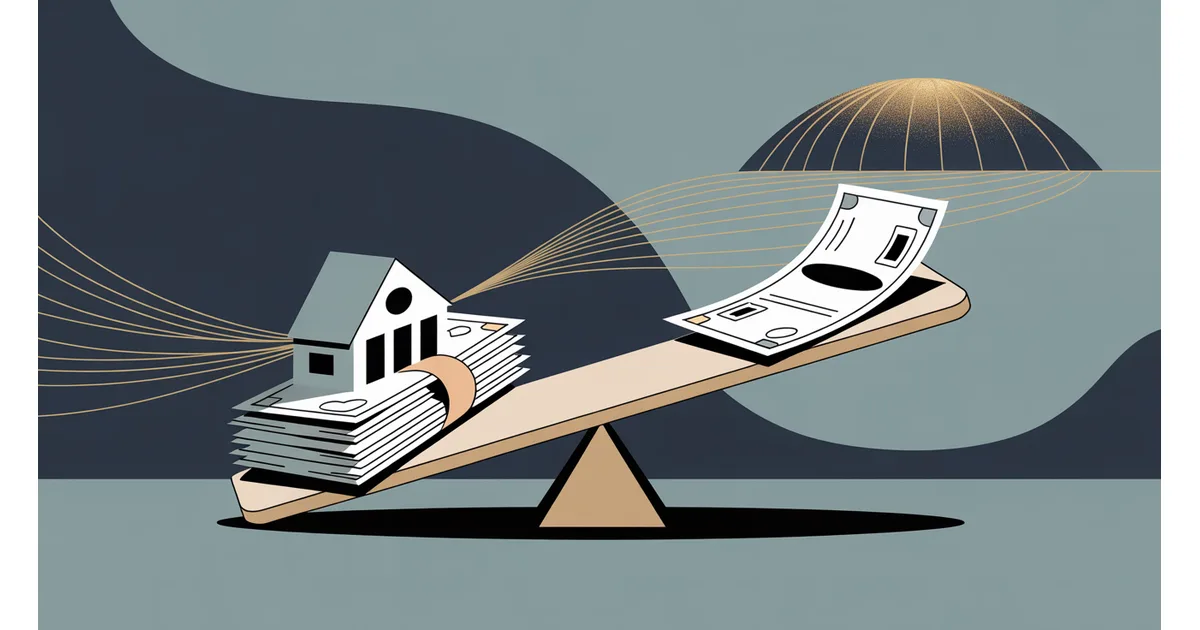 A house wrapped in financial paper flowing toward offshore islands, representing catastrophe risk sold as a tax-free investment