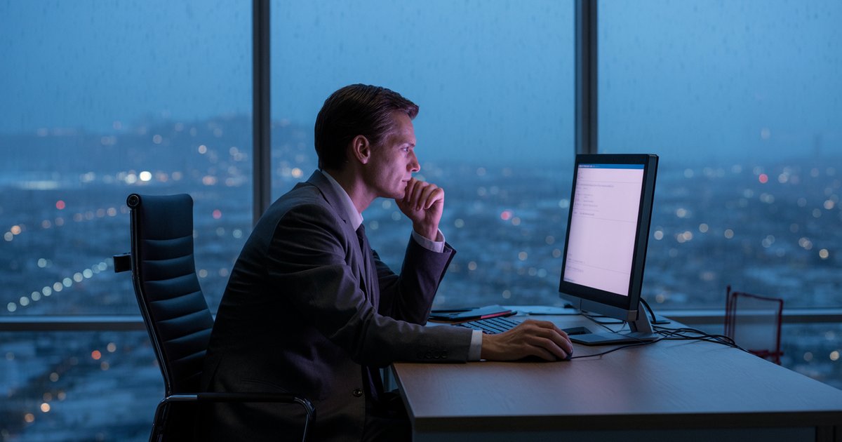 Exhausted office worker staring at a computer screen late at night, representing the warning signs of being stuck in the W-2 trap
