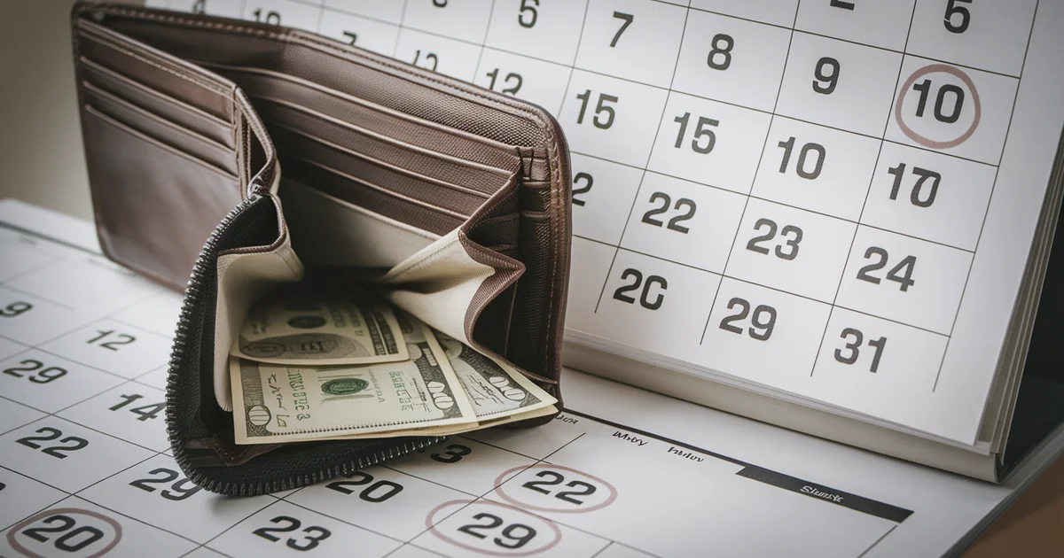 Empty wallet next to a stack of bills and a calendar marked with pay dates, illustrating the paycheck-to-paycheck cycle