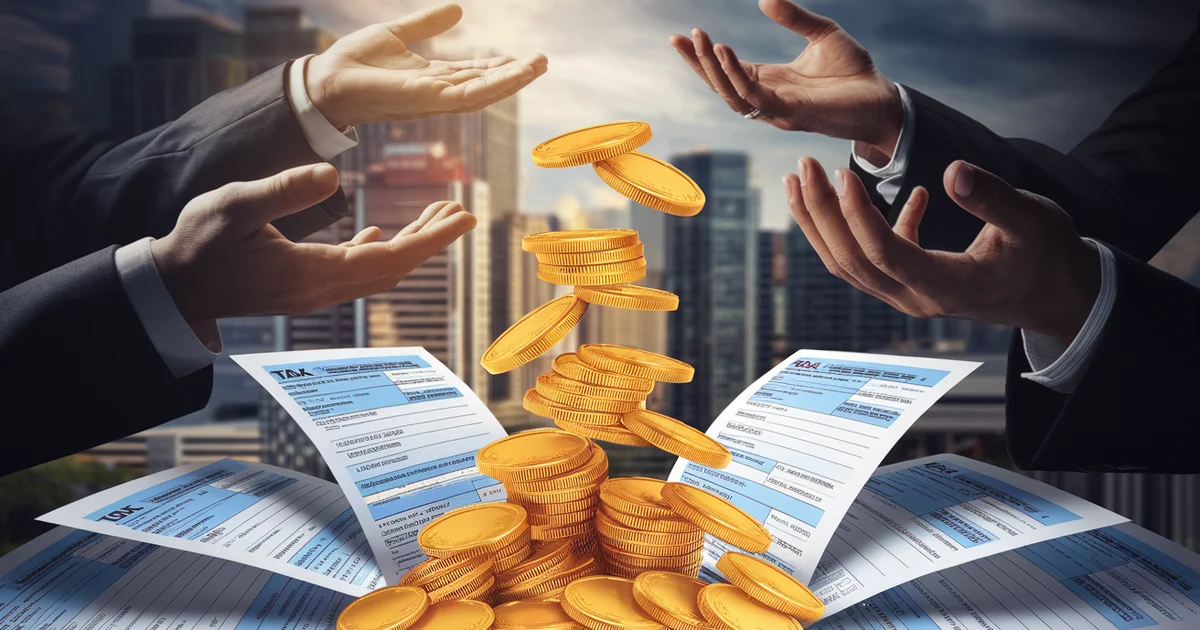 Gold coins flowing from a W-2 tax form into the hands of asset holders, illustrating the wealth transfer mechanism