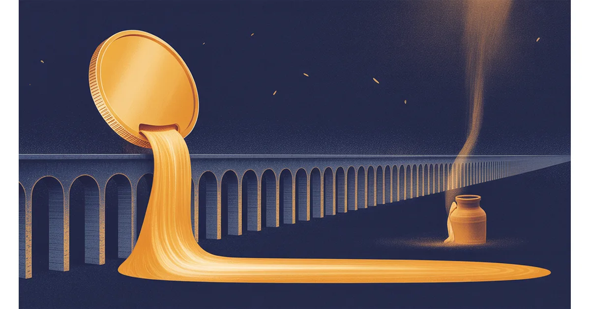 A single luminous coin splitting into two streams above a long row of plain stone arches receding into deep navy, one stream far heavier than the other