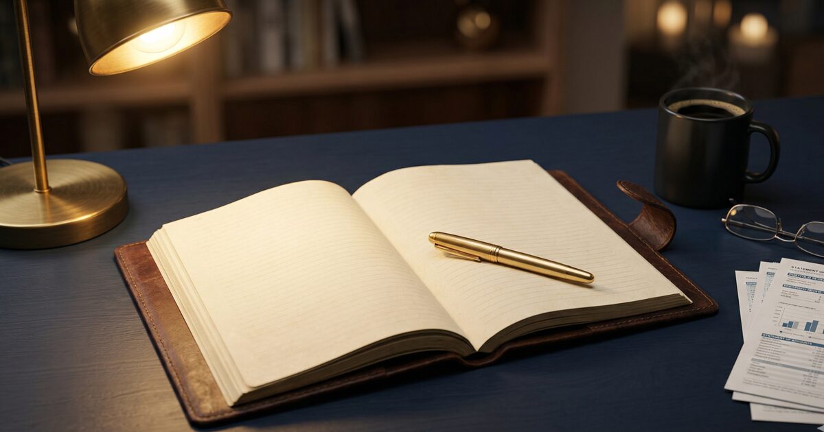 An open leather journal with a gold fountain pen, reading glasses, and coffee on a dark desk