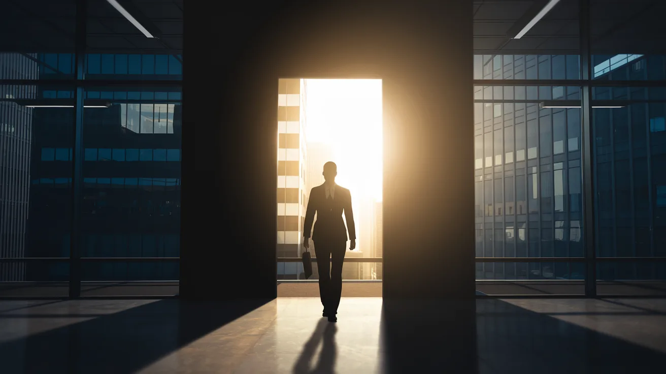 Person walking through glowing doorway from dark office into sunlight