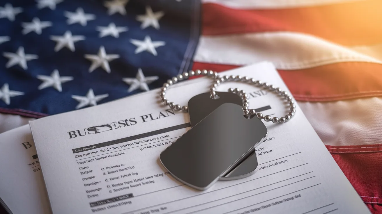 Military dog tags on a business plan with American flag background