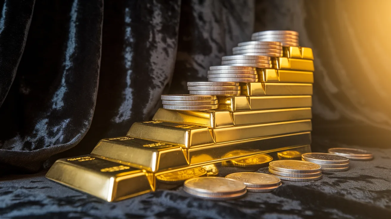 Gold bars and coins stacked in ascending steps like a staircase