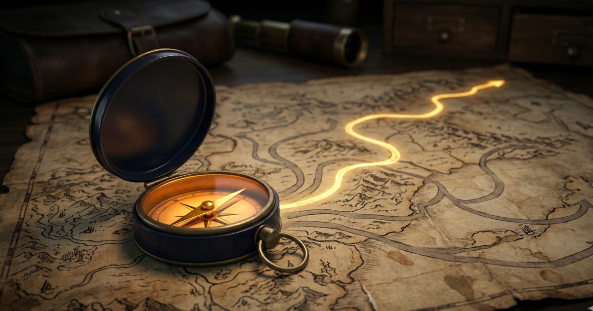 A golden compass on an aged map pointing toward a glowing path